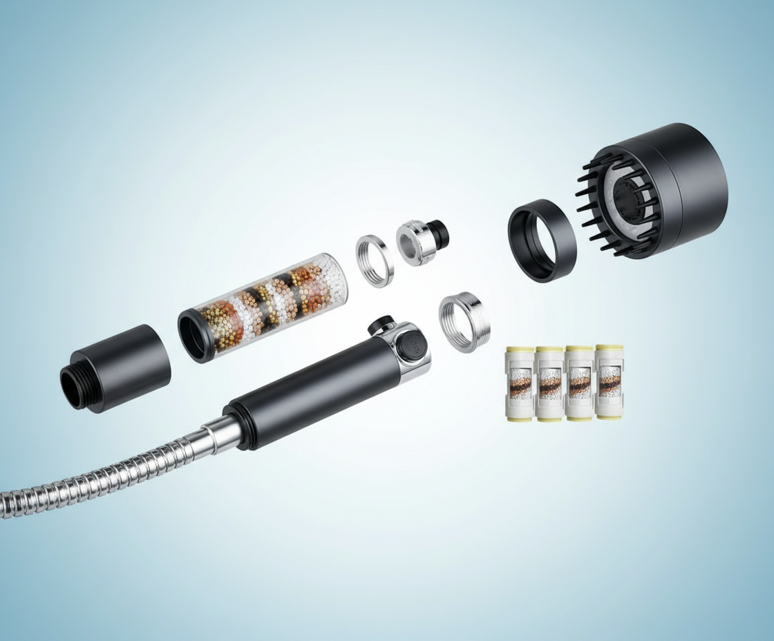 Filtered Shower Head with Handheld Sprayer Components Breakdown